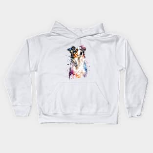 Rainbow Miniature American Shepherd Watercolor Art Kids Hoodie